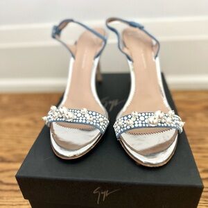 Giuseppe Zanotti sling back denim and pearl sandals